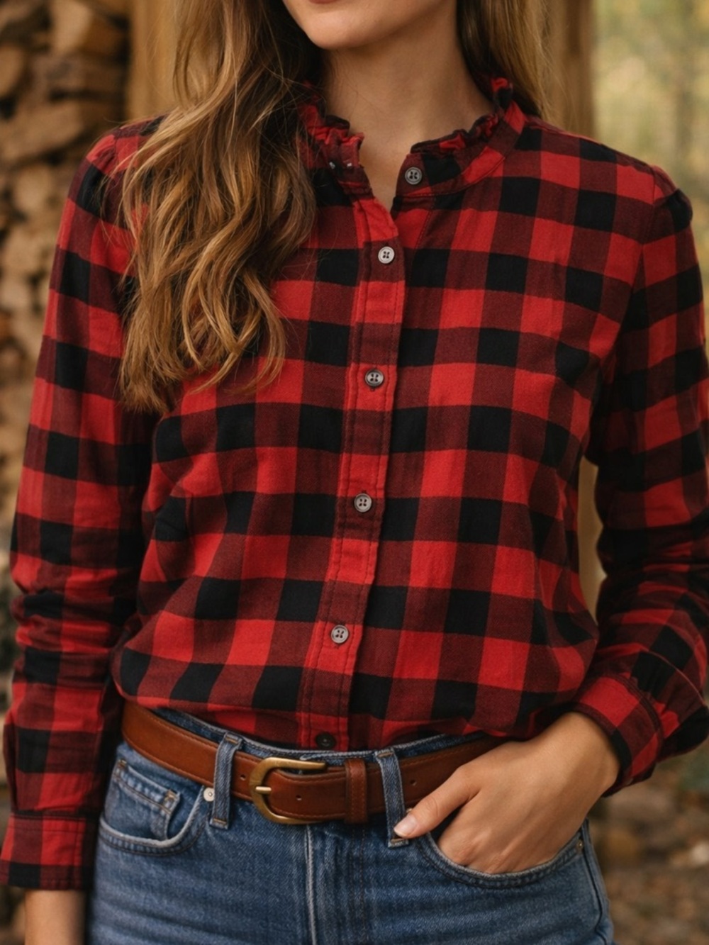 J.Crew Buffalo Plaid Ruffle Collar Shirt Red Black Preppy Button Front